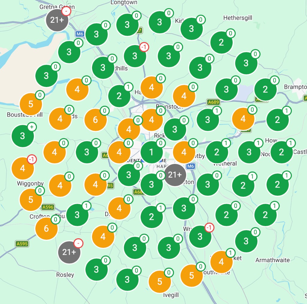 SH Plumbing ranking grid after 4 weeks: mostly ranks 1 to 3 for emergency plumber near me around Carlisle