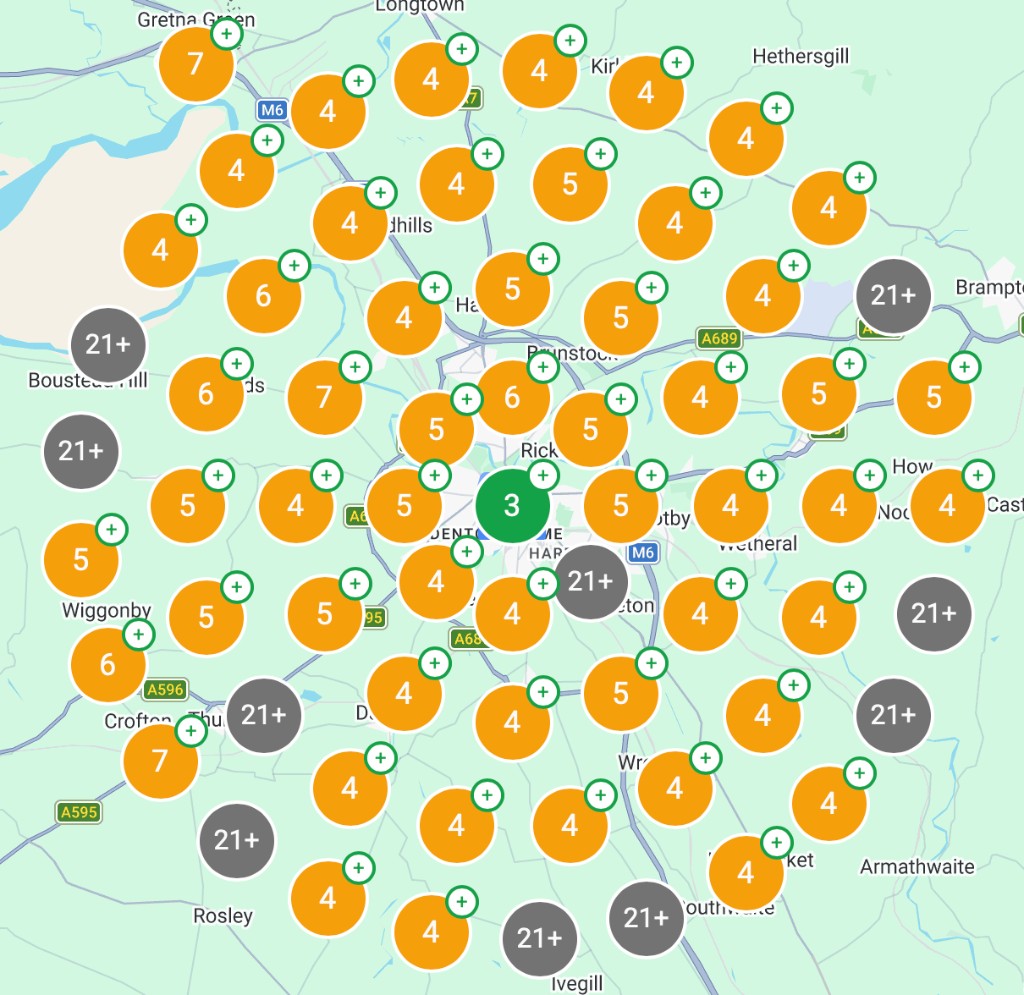 SH Plumbing ranking grid before: mostly ranks 5 to 7 for emergency plumber near me around Carlisle